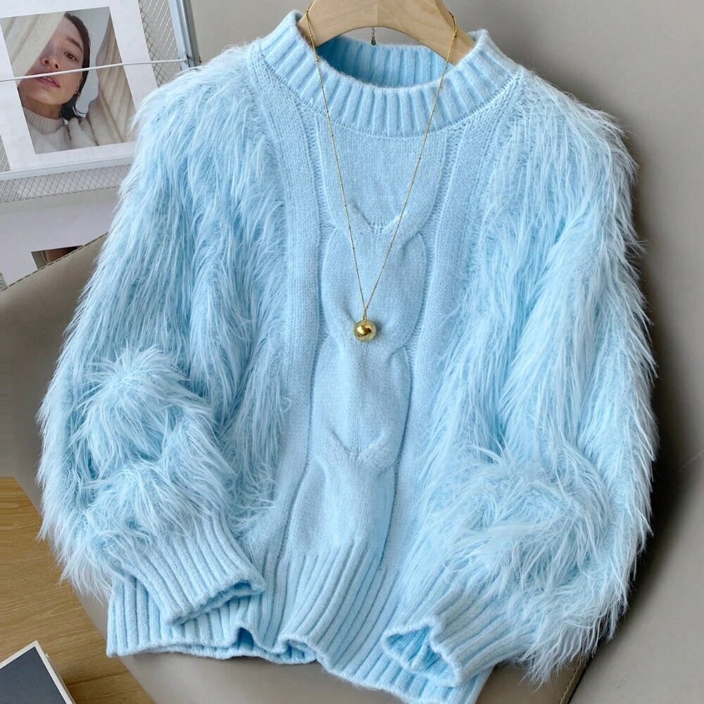 Blue Casual Women's Stand Collar Fuzzy Accent Long Sleeve Sweater - Picture 2 of 7